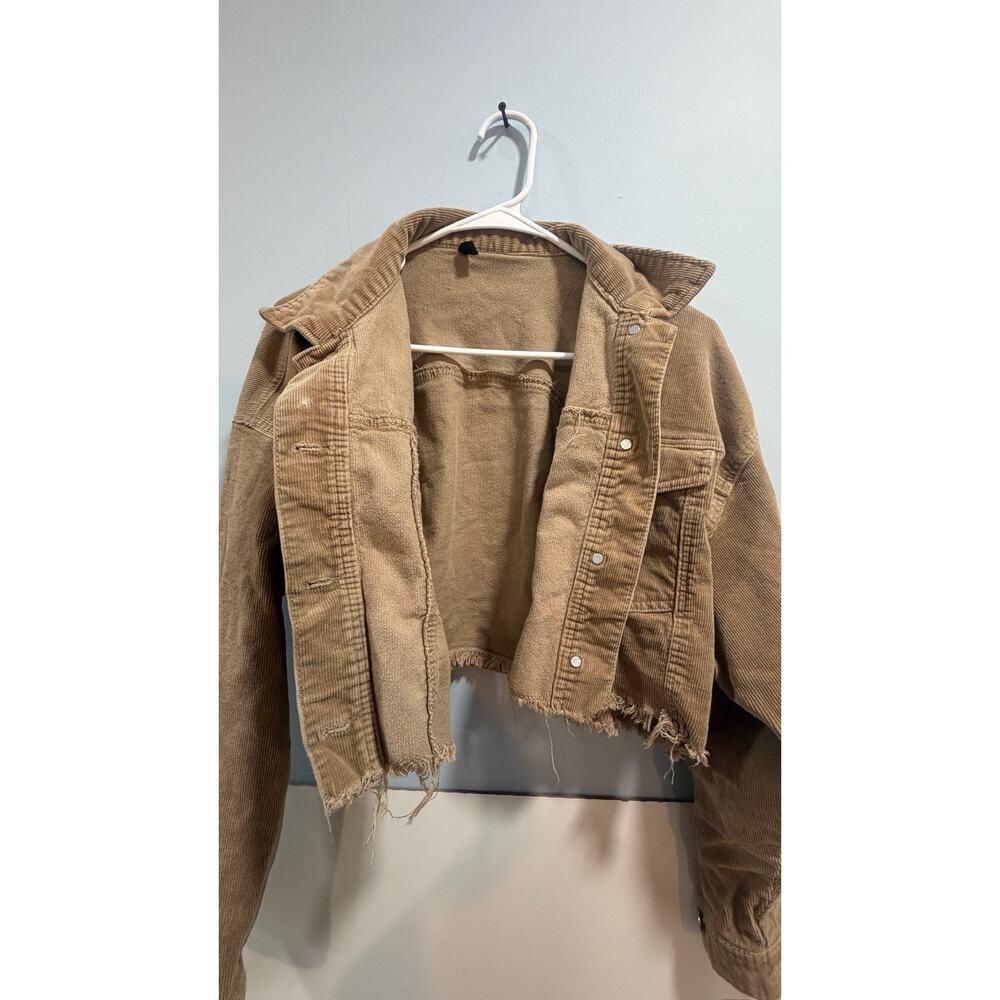 BLACK LABEL Tan CORDUROY Cut-Off Hem BUTTON-UP Cropped CUTE CASUAL Jacket Sz L - Picture 2 of 13